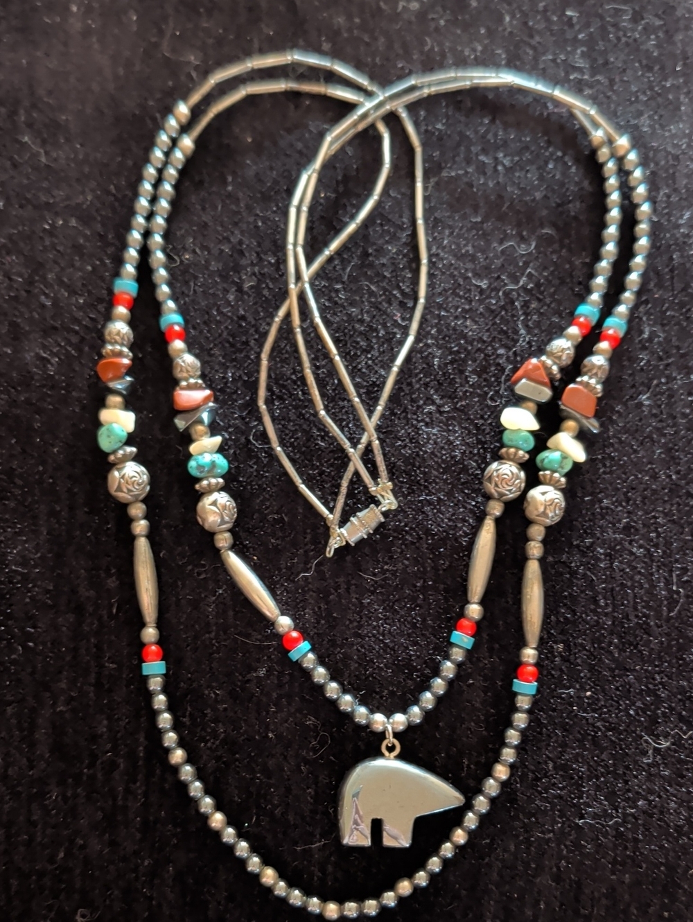 Layered Silver-Tone Bear Pendant Necklace with Turquoise & Red Beads
